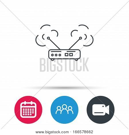 Wi-fi router icon. Wifi wireless internet sign. Device with antenna symbol. Group of people, video cam and calendar icons. Vector
