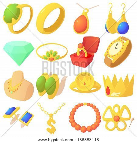 Jewelry items icons set. Cartoon illustration of 16 jewelry items vector icons for web