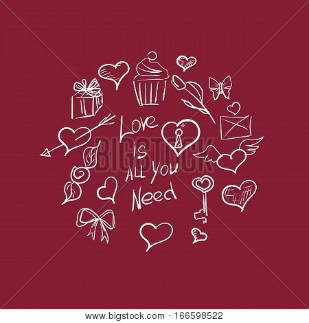 Valentines day card, ornate background. hand-drawn pattern with hearts, flowers and abstraction. Valentines day background.