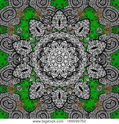 Mandala white ornament on dark green background. Raster illustration.