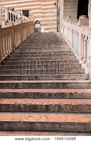 VERONA, ITALY - MAY 1, 2016: Scala della Ragione in the Courtyard of the Palazzo della Ragione in Verona. Italy
