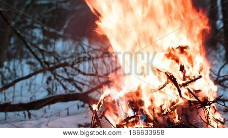 wires on fire. Firing winding insulation of electrical wiring in the fire in the winter woods