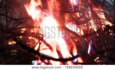 wires on fire. Firing winding insulation of electrical wiring in the fire close-up