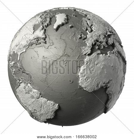 Globe model with detailed topography without water. Atlantic Ocean. 3d rendering isolated on white background. Elements of this image furnished by NASA