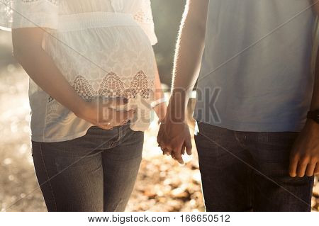 Close-up Of Young Couple Holding Each Other Hands Behind Her Pregnant Belly