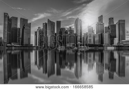 Black and white Singapore city skyline of business district downtown in daytime.
