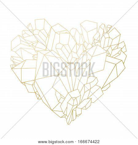 Graphic crystals in the shape of heart drawn in line art style. Vector Valentine day design in golden colors isolated on white backgroundd