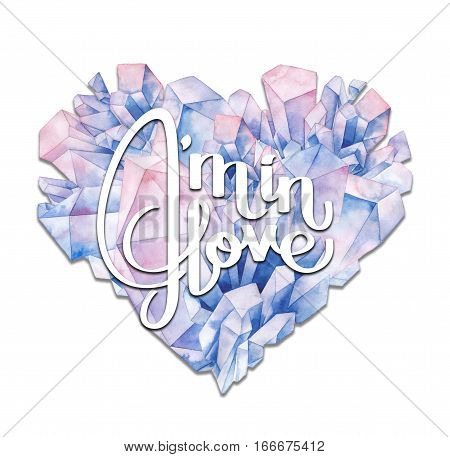 Watercolor crystals in the shape of heart. Hand drawn Valentine day design in pastel colors isolated on white backgroundd