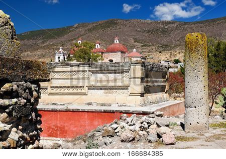 Mayan city ruins in Mitla near Oaxaca city. The most important of the Zapotec religious centers. In the background San Pablo church