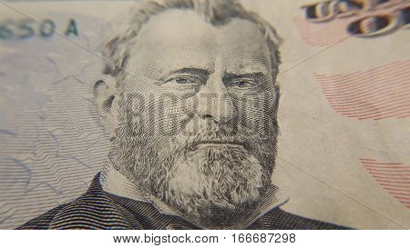 Closeup shot of President Ulysses Grant on 50 Dollar Bill