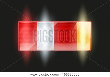 Rectangular car taillight. Rear and brake light. Light is on. Vintage Vector Illustration isolated on white background.