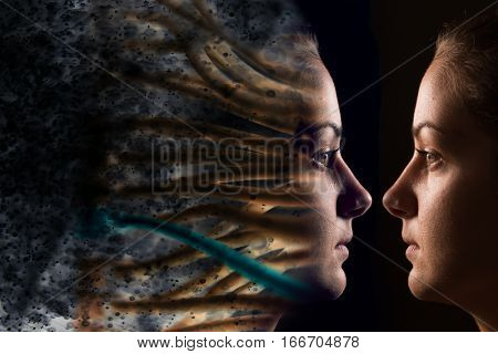 Virtual woman vs real woman as metaphor for technology,cyborg,digital,virtual,matrix,avatar,model,science,love,relation or future