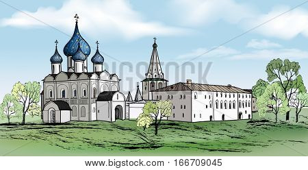 Old russian town landmark landscape with famous  church. f Suzdal city Kremlin. View of Suzdal cityscape. Travel Russia background