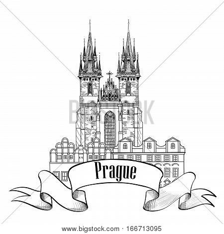Prague city landmark Tyn Cathedral & Clock Tower sketch. Travel European famous place.