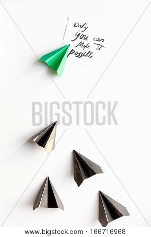 choice concept paper boats on white background top view.