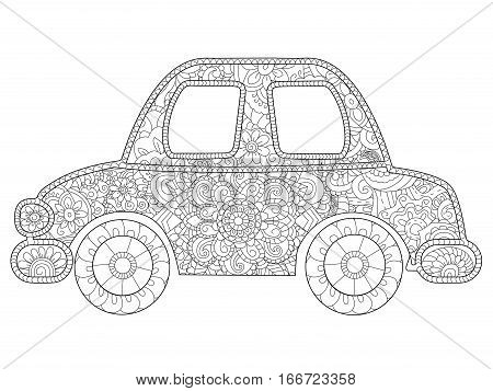Baby toy car animal coloring book for adults vector illustration. Anti-stress coloring for adult. Zentangle style. Black and white lines transport. Lace pattern plaything