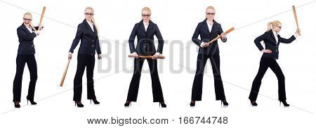 Businesswoman with baseball bat on white