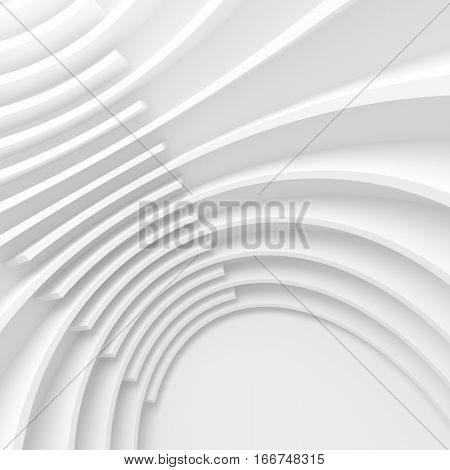 White Architecture Circular Background. Modern Building Design. Abstract Curved Shapes. 3d Rendering of Minimalistic Wallpaper