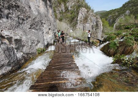 PLITVICE - MAY 1, 2013: Plitvice national park on May 1, 2013 in Plitvice, Croatia. It is full of waterfalls and is a UNESCO world heritage site.