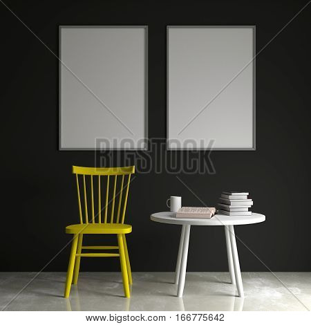 Mockup poster in the interior with a chair and a table, 3d rendering