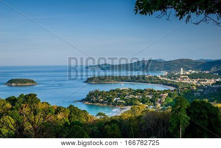 Landscape from Phuket View Point Karon Beach Kata Beach Patong Beach Taken from Karon Viewpoint. Located in Phuket Province Thailand.
