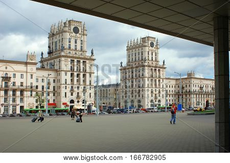 Two towers on the city gate Railway Square April 26 2005 in Belarus editorial