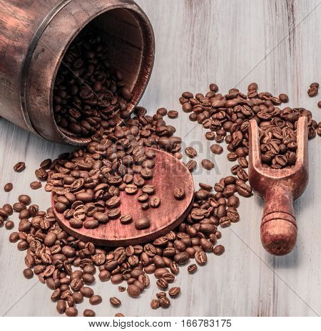coffee beans on wooden table, liver morning