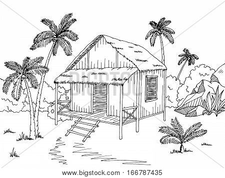 Jungle hut house graphic black white sketch illustration vector