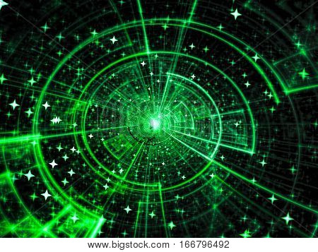 Technology or space theme background - abstract computer-generated image. Fractal geometry: tech style disc with glowihg rays and stars. For web design, covers, posters.