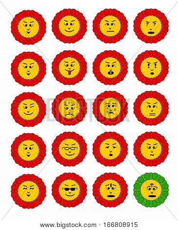 Emoticon set. Emoji flowers. Flower with emoji faces. Flower emoticon colection. Feelings expresion. Red cheerful flowers.