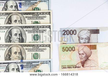 Close up view of US Dollar and Indonesia Rupiah indicating strong currency exchange rate