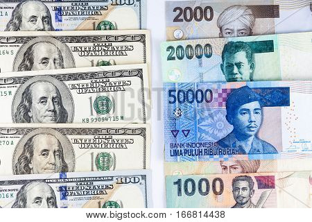 Close up view of US Dollar and Indonesia Rupiah indicating strong currency exchange rate