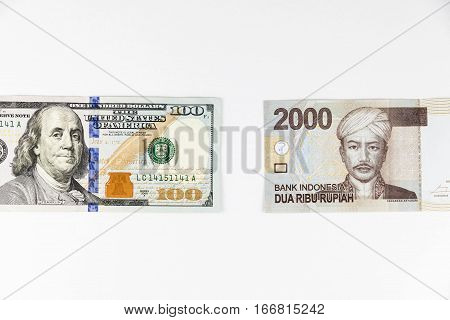 Close up view of US Dollar and Indonesia Rupiah indicating strong currency exchange rate