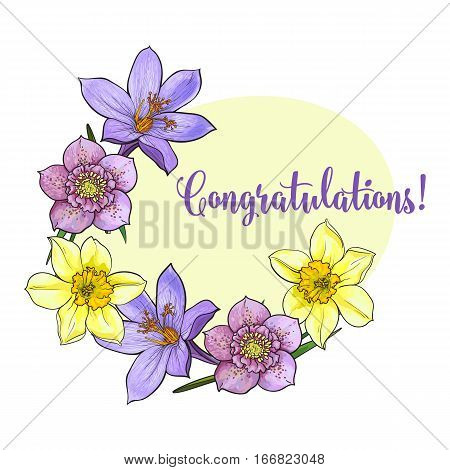 Half frame of spring flowers, sketch vector illustration, greeting card template design. Postacard, greeting card, invitation, poster, banner design with hand drawn realistic early spring flowers