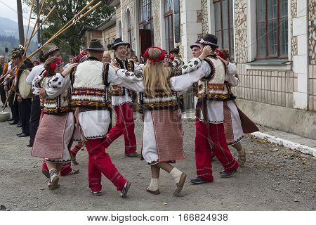 Yasynya Ukraine - September 29 2016: Hutsuls in national costumes perform folk dance as part of Phase 2 of the International Conference 