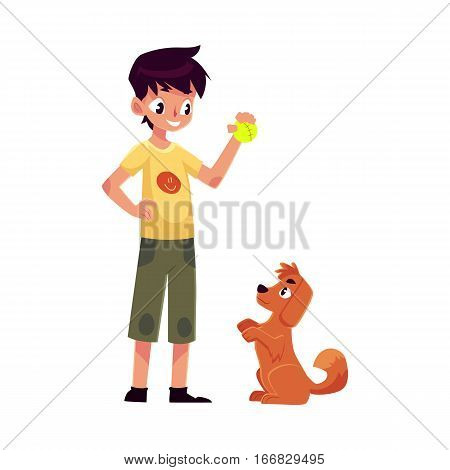 Teenage boy standing and playing with his fluffy red dog, puppy, cartoon vector illustration on white background. Full length portrait of black haired boy playing with his dog using a ball
