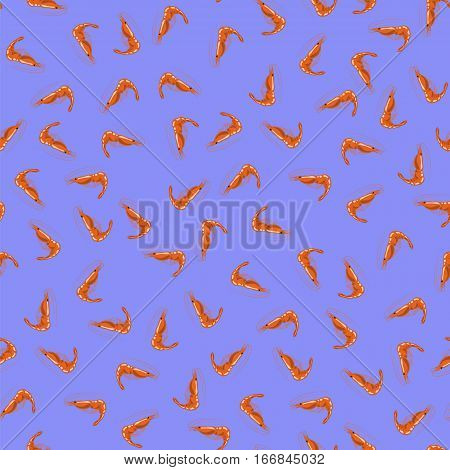 Cooked Red Srimps Seamless Pattern on Blue Background. Exquisite Sea Food.