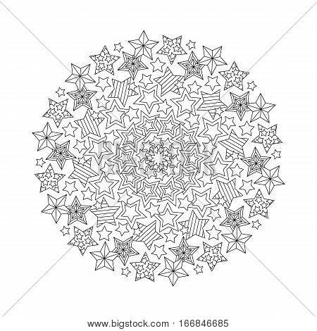 Graphic Mandala with outline stars. Zentangle inspired style. Coloring book page for adults and older children. Art vector illustration