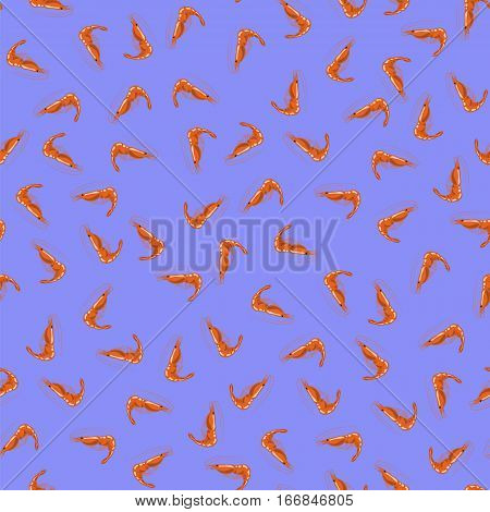 Cooked Red Srimps Seamless Pattern on Blue Background. Exquisite Sea Food.