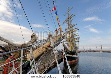 VARNA, BULGARIA - APRIL 30, 2014: Varna is a host of the prestigious international maritime event for a second time - the SCF Black Sea Tall Ships Regatta. The Russian 