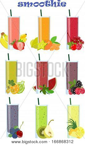 Color image of a smoothie of fruits and berries in glasses for a healthy lifestyle. Element for menu cafe or restaurant, for diets, vegetarianism and sports nutrition.