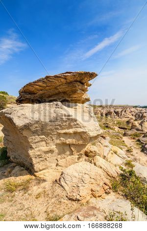 Hoodoo badlands of Writing-on-Stone Provincial Park and Aisinaipi National Historic Site in Alberta Canada. The area contains a large concentration of First Nation petroglyphs (rock carvings) and pictographs (rock paintings). Vertical orientation.