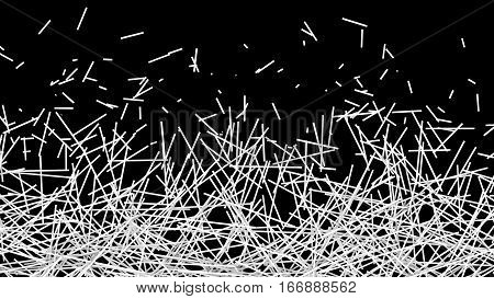 Abstract Background of a Web of Tangled White Strips in a Chaotic Pattern over Black. 3D illustrated.