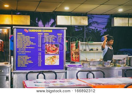 Langkawi, Malaysia - February 16, 2016: Outdoor Tomato Nasi Kandar restaurant with popular dishes from Indian cuisine located on the main road to the Pantai Tengah beach in Langkawi, Malaysia