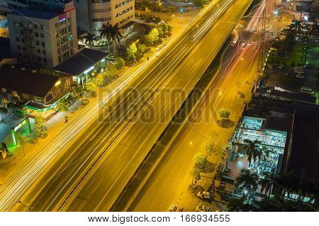 Aerial View Of Pham Hung Street, Hanoi, Vietnam. Hanoi Cityscape At Night