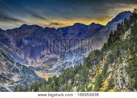 Impressive landscape at dusk in Neouvielle Massif located in Hautes Pyrenees Mountains in France.