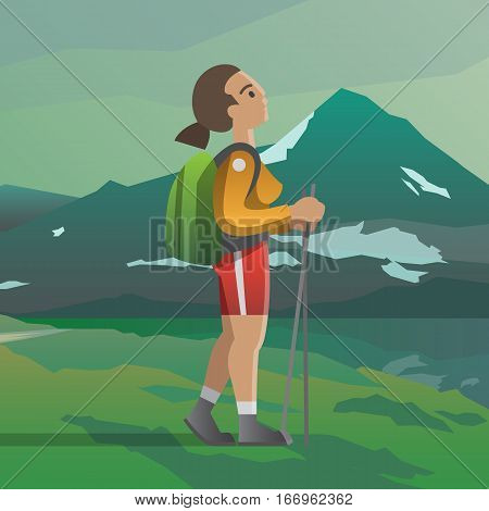 Vector illustration on the theme of hiking, backpacking, climbing, traveling, trekking, walking. Young girl looking up to the mountain. Summer adventure in the mountains, outdoor recreation, vacation