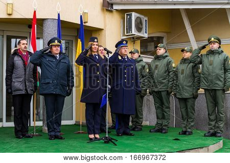 Zahony Hungary - January 25 2017: Head of the State Borderguard Service of Ukraine colonel general Viktor Nazarenko (L2) and the deputy police chief - chief of law enforcement of Hungary major general Zsolt Halmosi (R5) during the opening of the first joi