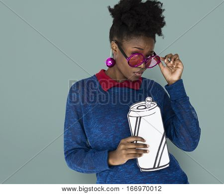 African Woman with Sunglasses Holding a Can Beverage