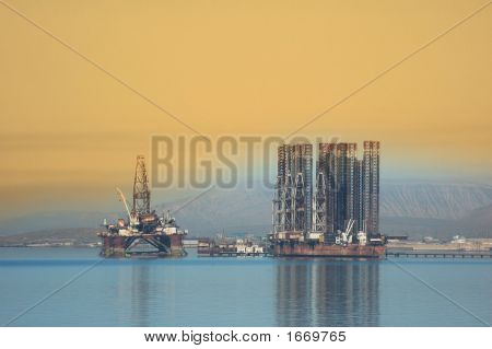 Two Offshore Rigs At Caspian Shore Near Baku